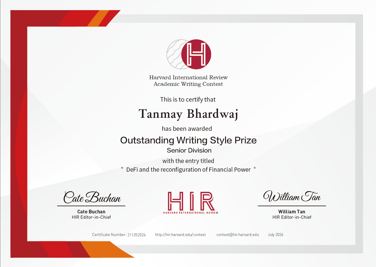 Harvard International Review certificate